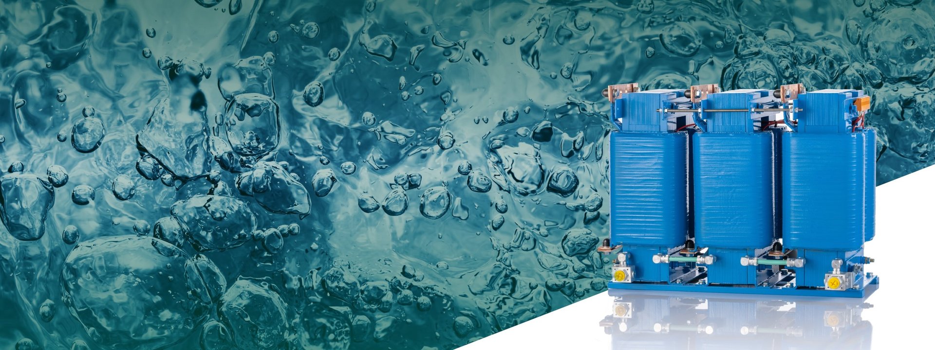 Blue cast-resin transformer in front of a background with water bubbles