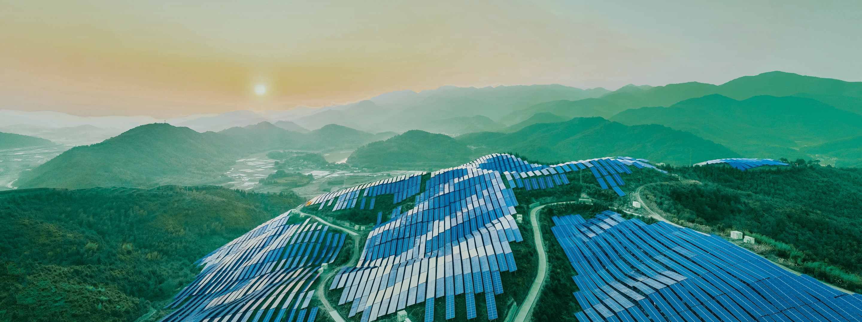 Large-scale solar park on wooded hills at sunrise, with solar panels stretching across the landscape.